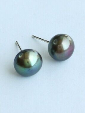 9mm Peacock Grey freshwater Pearl Stud Earrings Sterling Silver 🆕